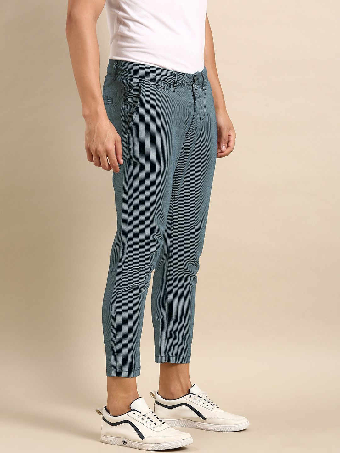 Being Human Men Cotton Linen Striped Chinos Trousers