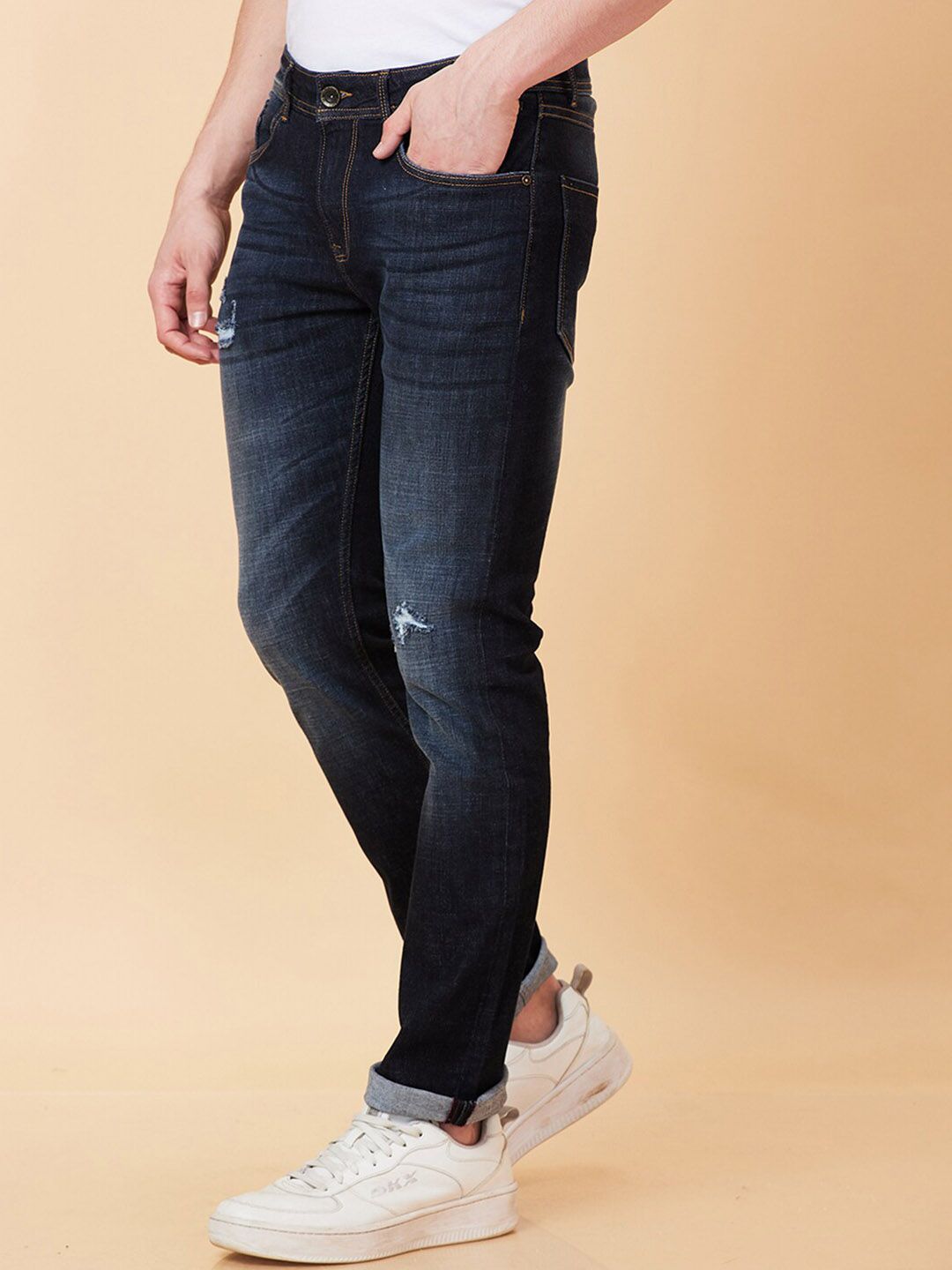 Being Human Men Slim Straight Fit Mildly Distressed Light Fade Stretchable Jeans