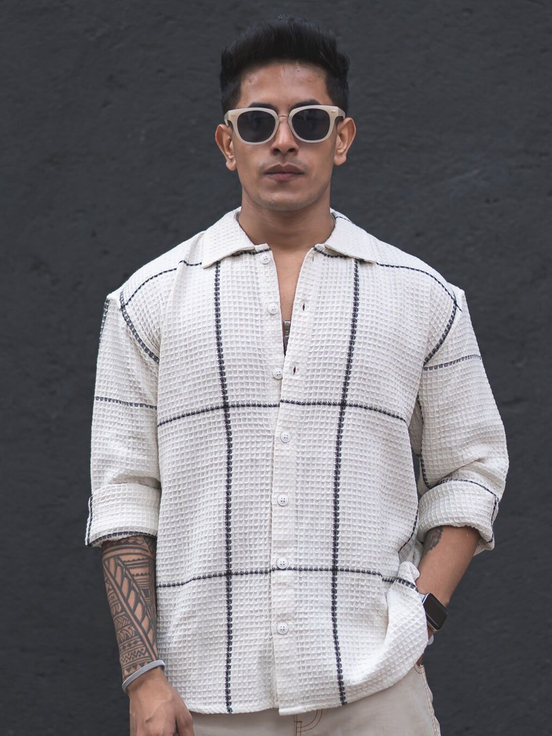 Powerlook Off White India Slim Oversized Checked Shackets