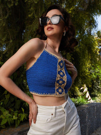 Athena Blue Self Design Halter Neck Cotton Crochet Crop Fitted Top