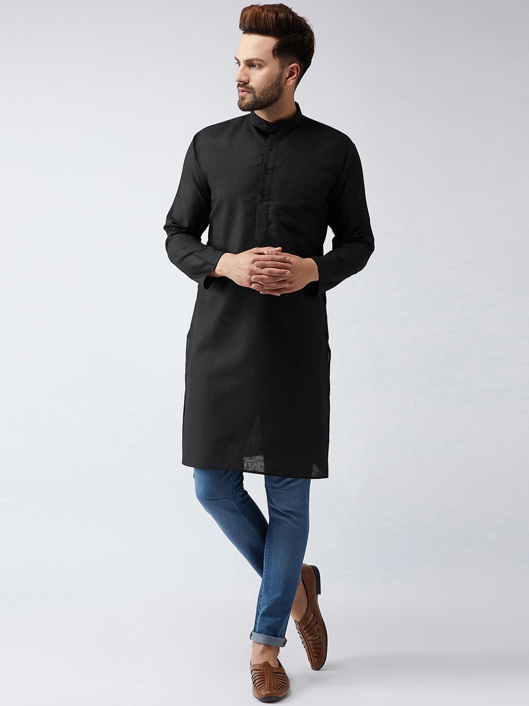 SOJANYA Men Black Solid Straight Kurta