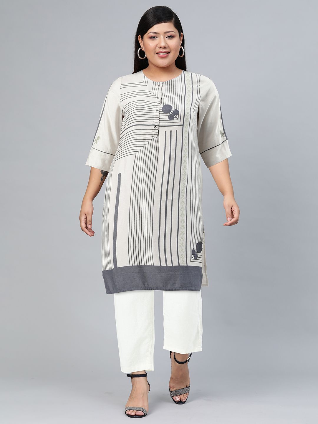 W Women White & Grey Striped A-Line Kurta