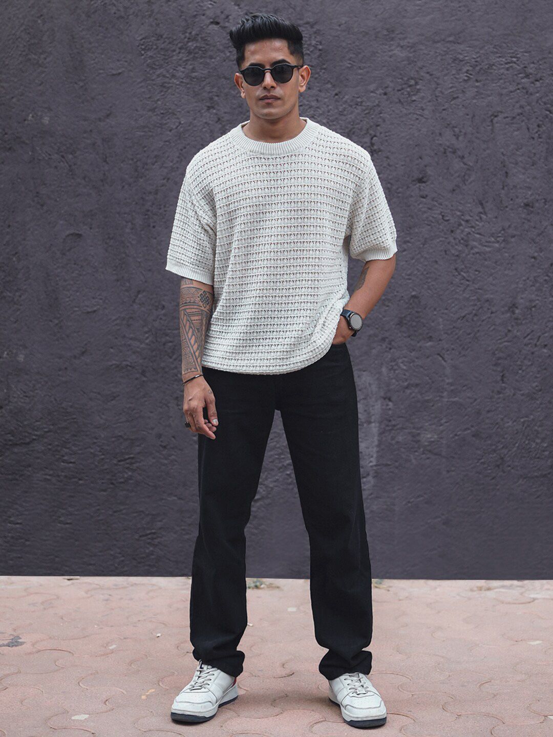 Powerlook Crochet Knit Oversized Half Sleeves T Shirt