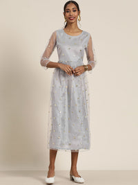 Shae by SASSAFRAS Grey & Gold-Toned Embellished Ethnic A-Line Midi Dress