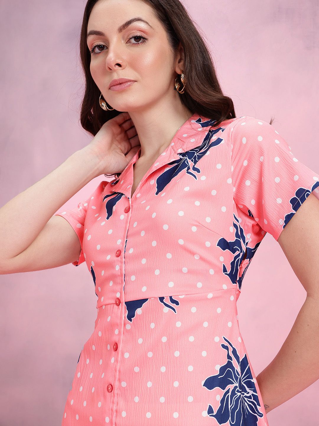 DressBerry Floral Print Notched Lapel Collar Shirt-Style Dress