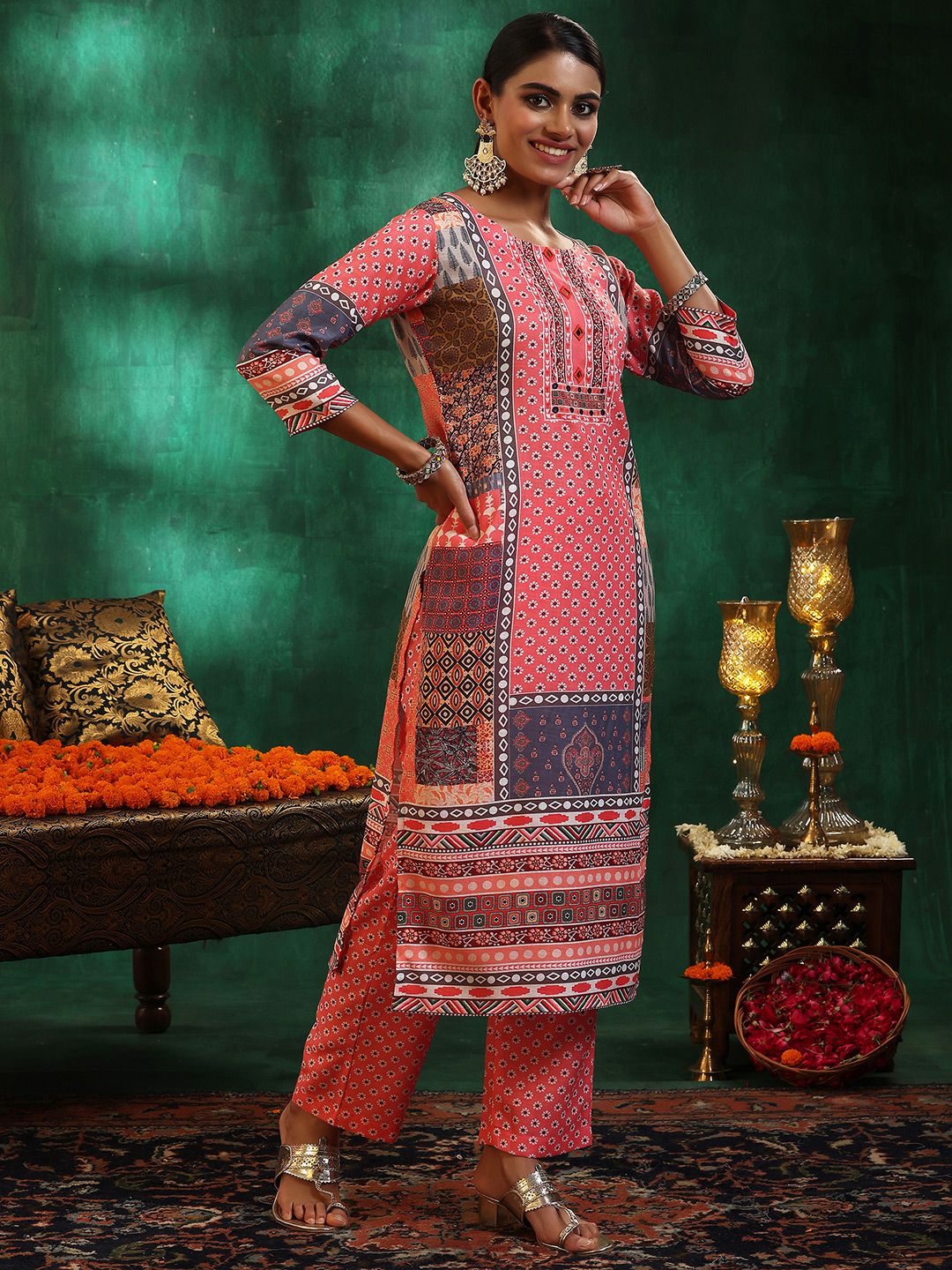 Libas Floral Printed Mirror Work Linen Kurta with Trousers & Dupatta