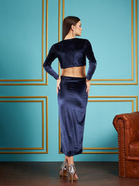 SASSAFRAS Navy Blue V-Neck Cut-Out Detail Velvet Sheath Dress