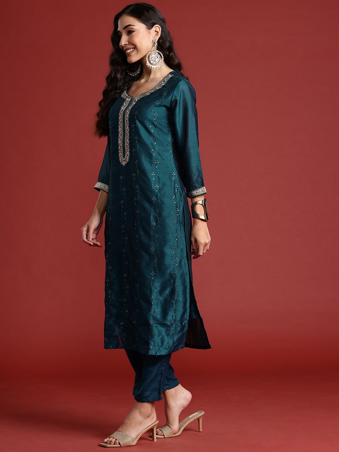 Indo Era Floral Embroidered Sequinned Kurta With Trousers & Dupatta