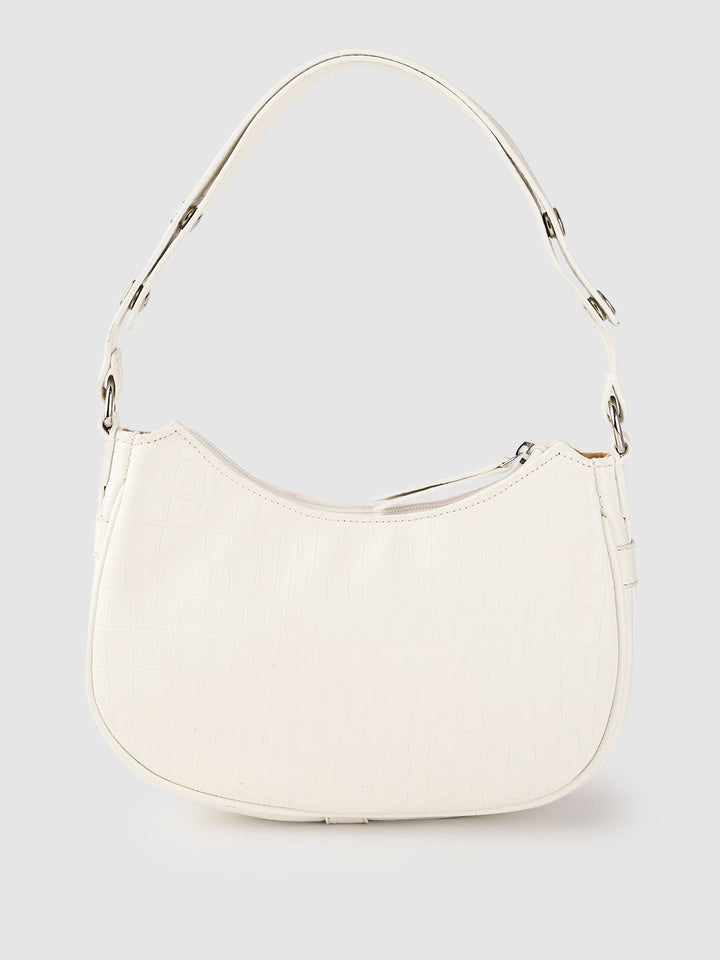 Lino Perros Women Off-White & Pink Floral Printed Croc Textured Structured Baguette Bag