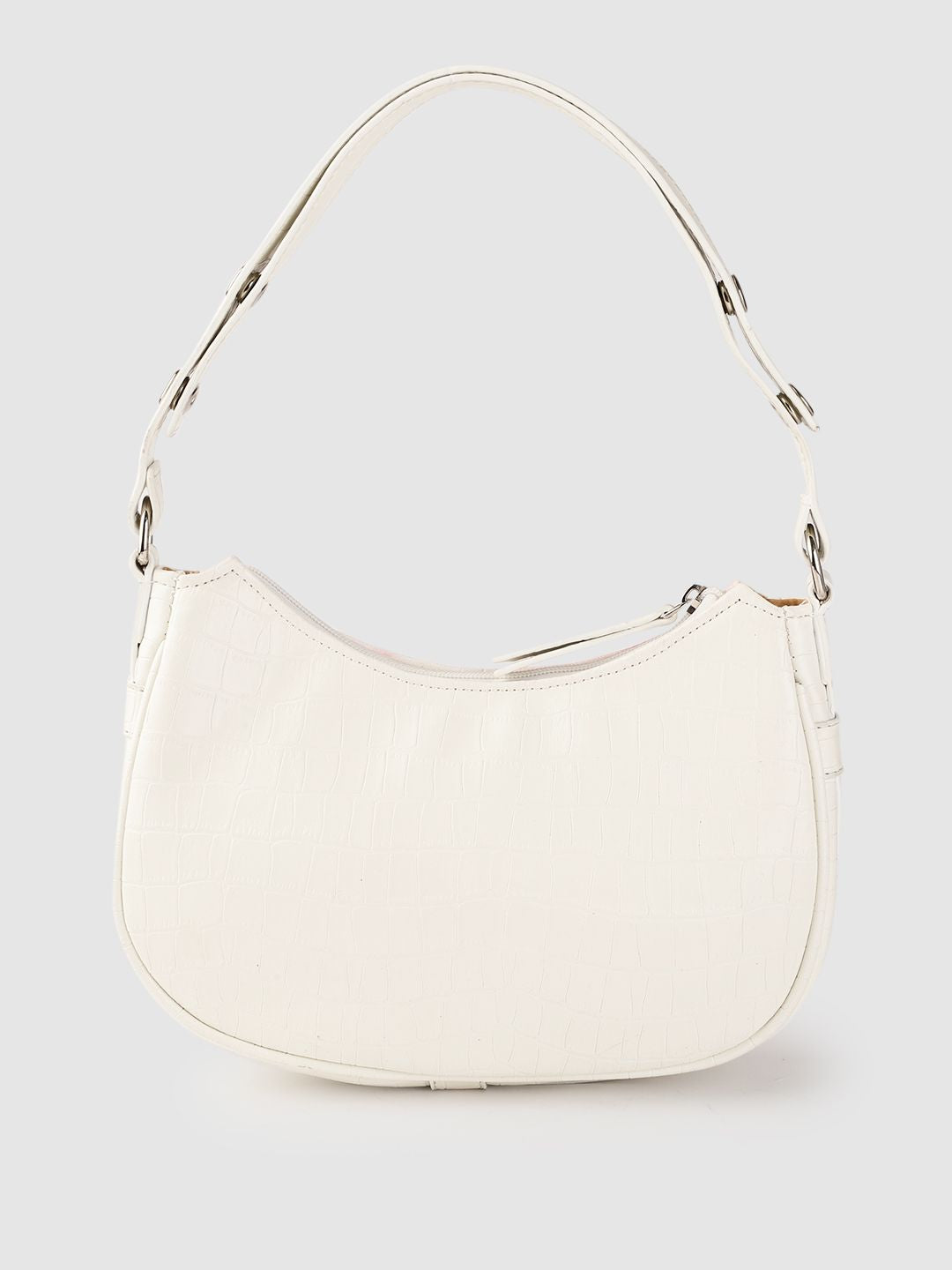 Lino Perros Women Off-White & Pink Floral Printed Croc Textured Structured Baguette Bag