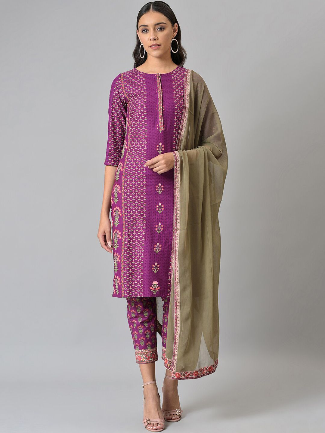 W Festive Floral Print Rayon Kurta With Straight Pant & Dupatta