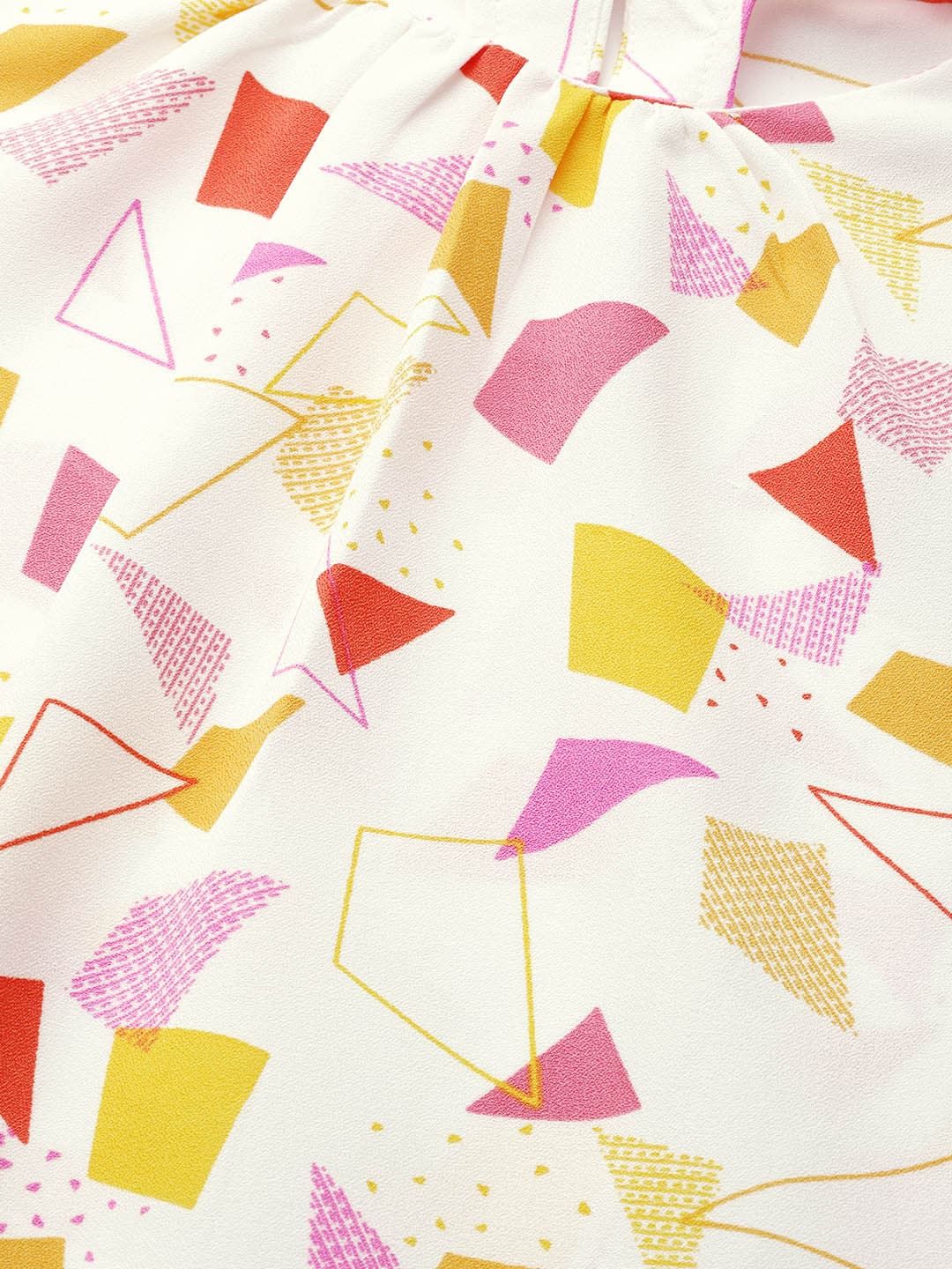 DressBerry White & Pink Geometric Printed Puff Sleeves Top