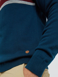 Raymond Men Teal Blue Striped Pullover