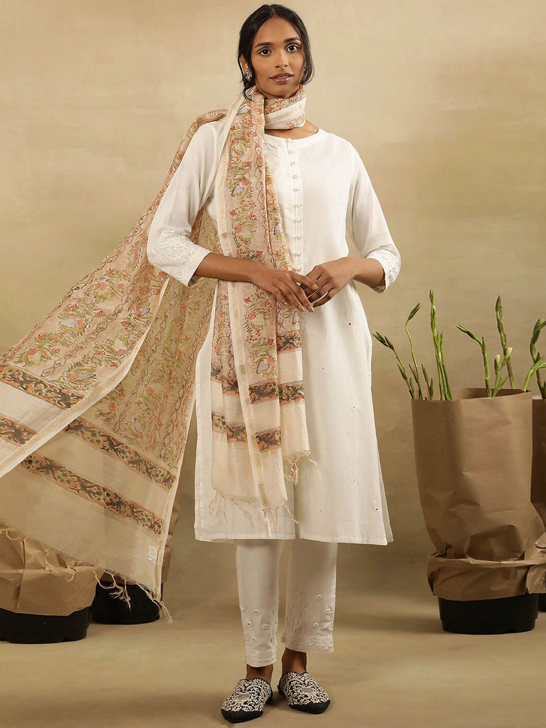 W Embellished Sequinned Pure Cotton Straight Kurta