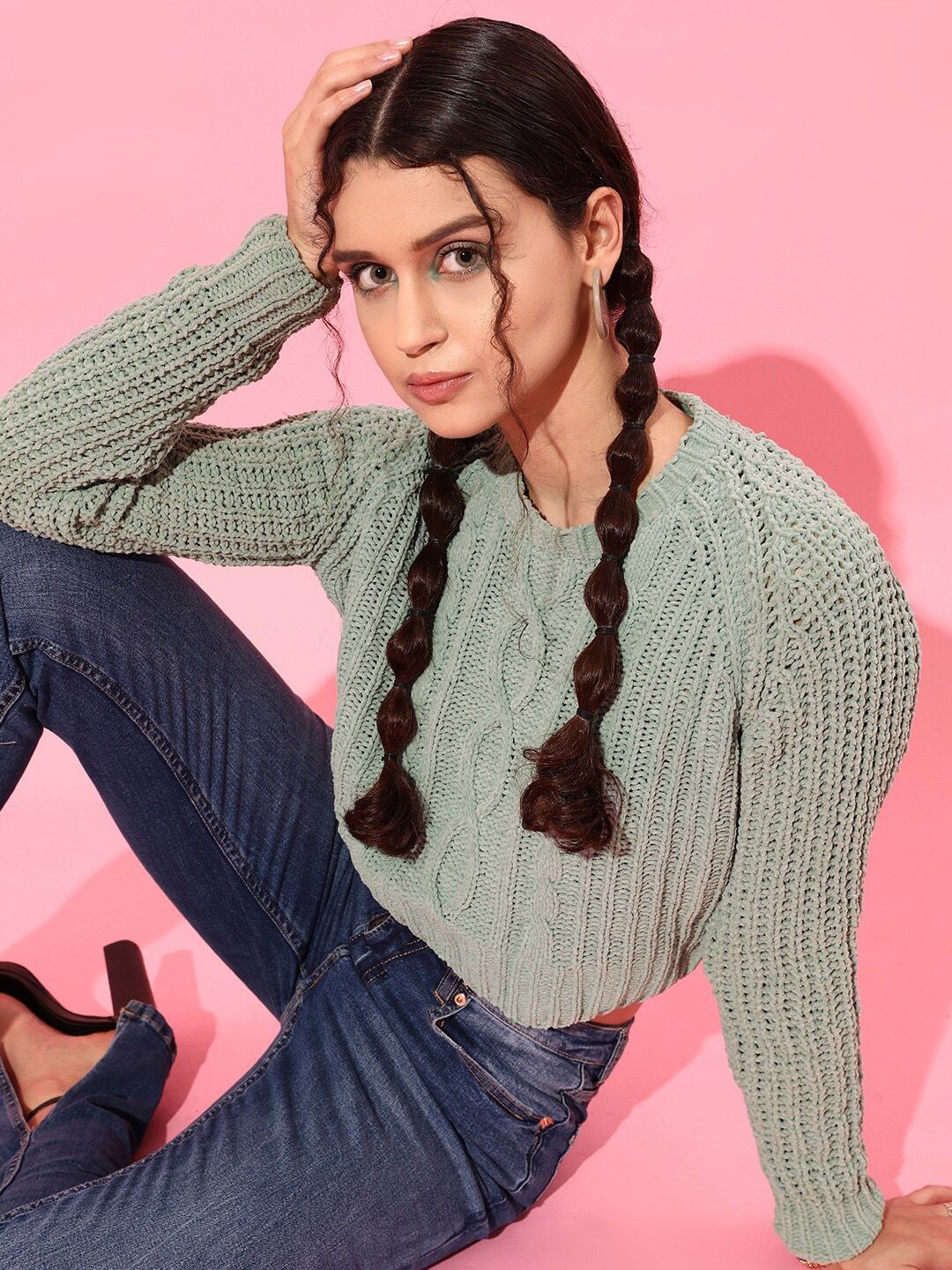 STREET 9 Women Green Cable Knit Acrylic Pullover