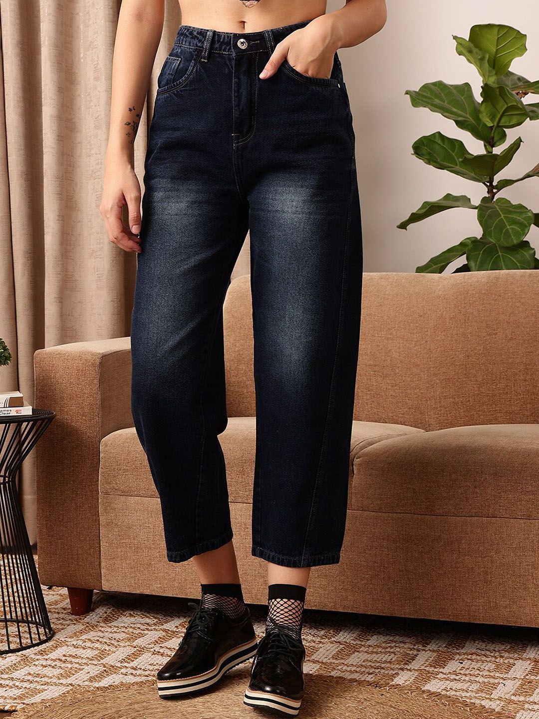 STREET 9 Women Comfort Mom Fit Mid-Rise Heavy Fade Pure Cotton Jeans