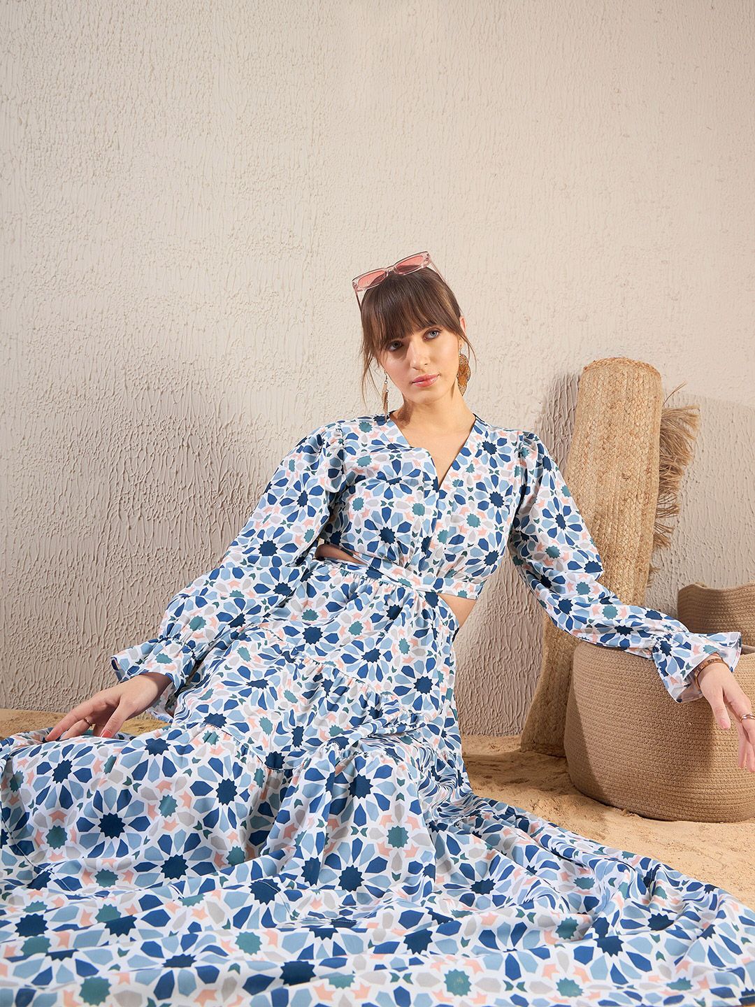 SASSAFRAS Teal Blue Floral Printed V Neck Cut Out Tiered Maxi Dress