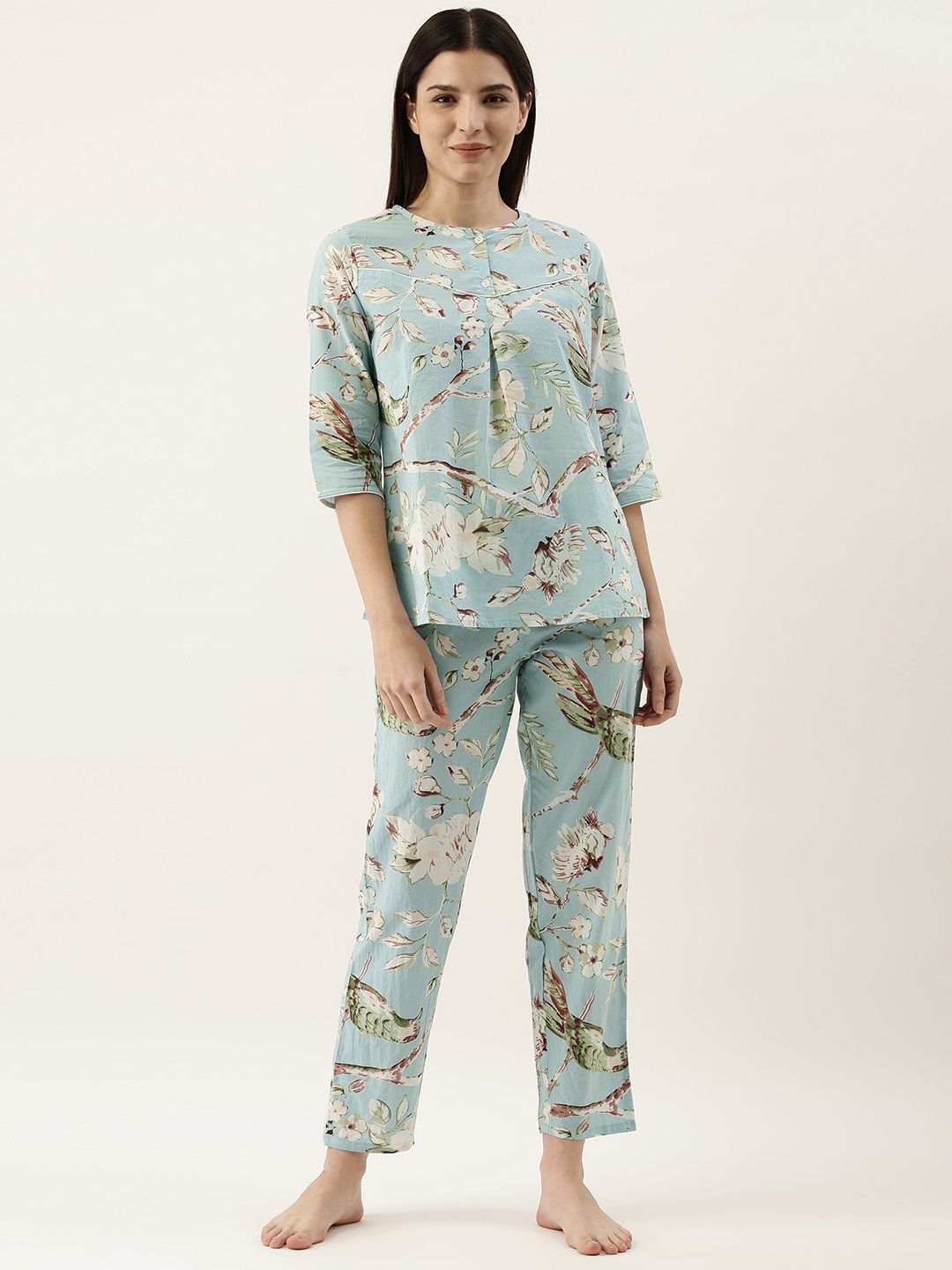 SANSKRUTIHOMES Women Sea Green Pure Cotton Floral Print Pyjama Set