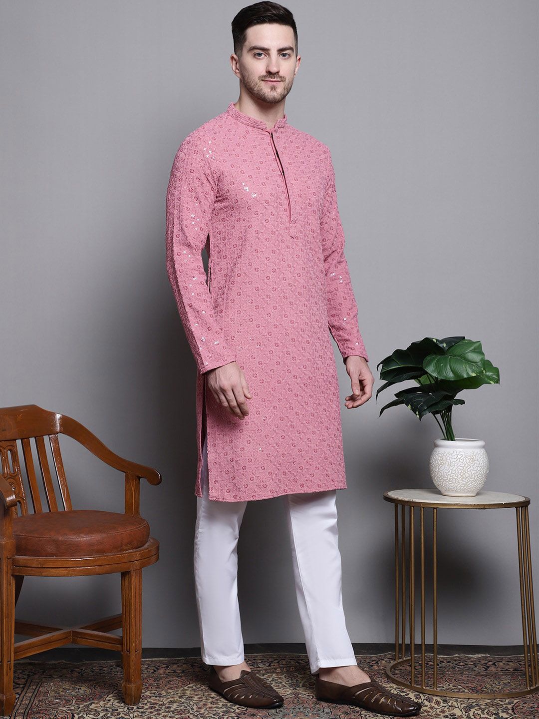 Jompers Geometric Self Design Thread Work Pure Cotton Kurta With Pyjamas