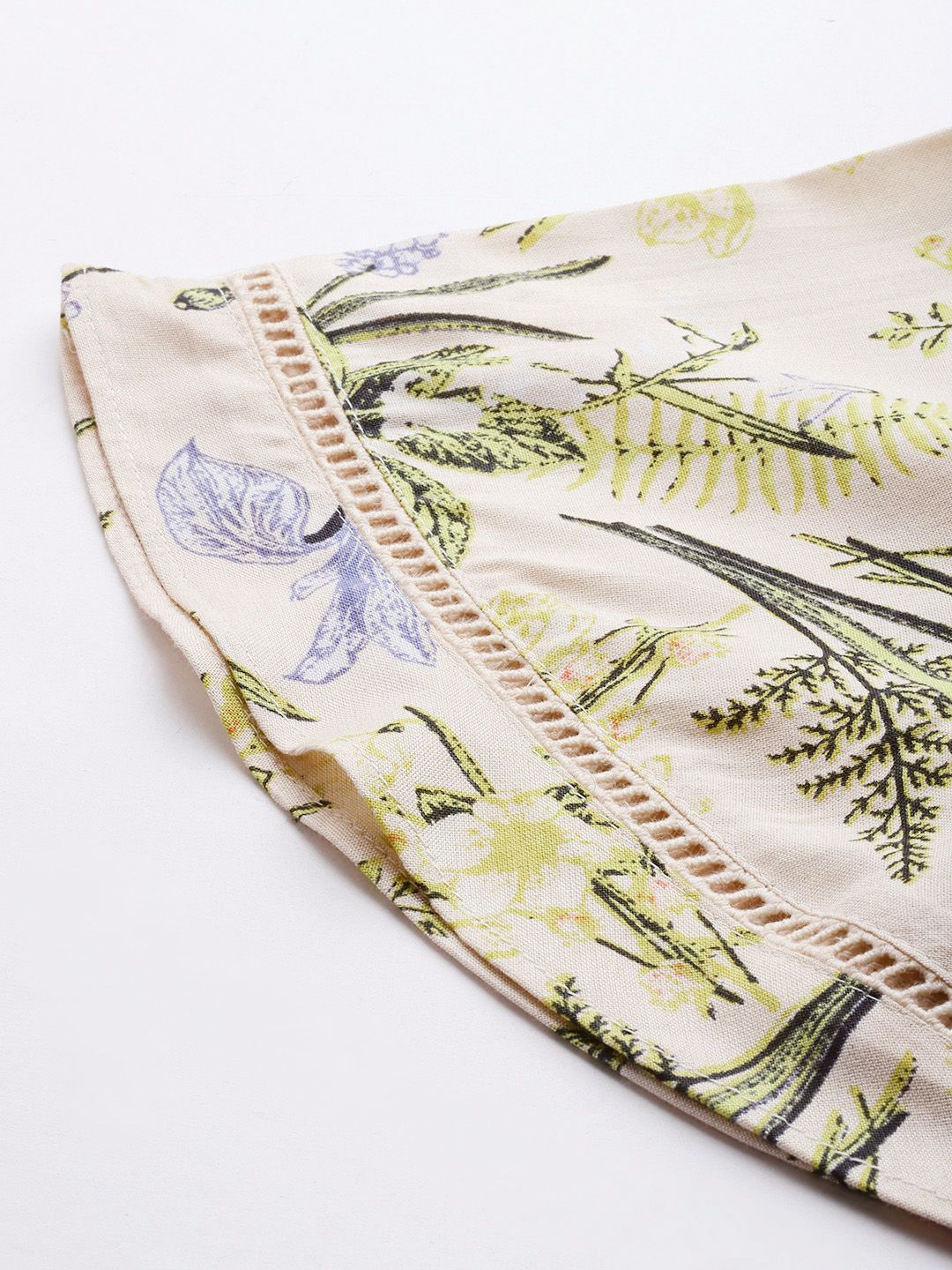 all about you Cream-Coloured & Green Floral Print Flared Sleeves Regular Top