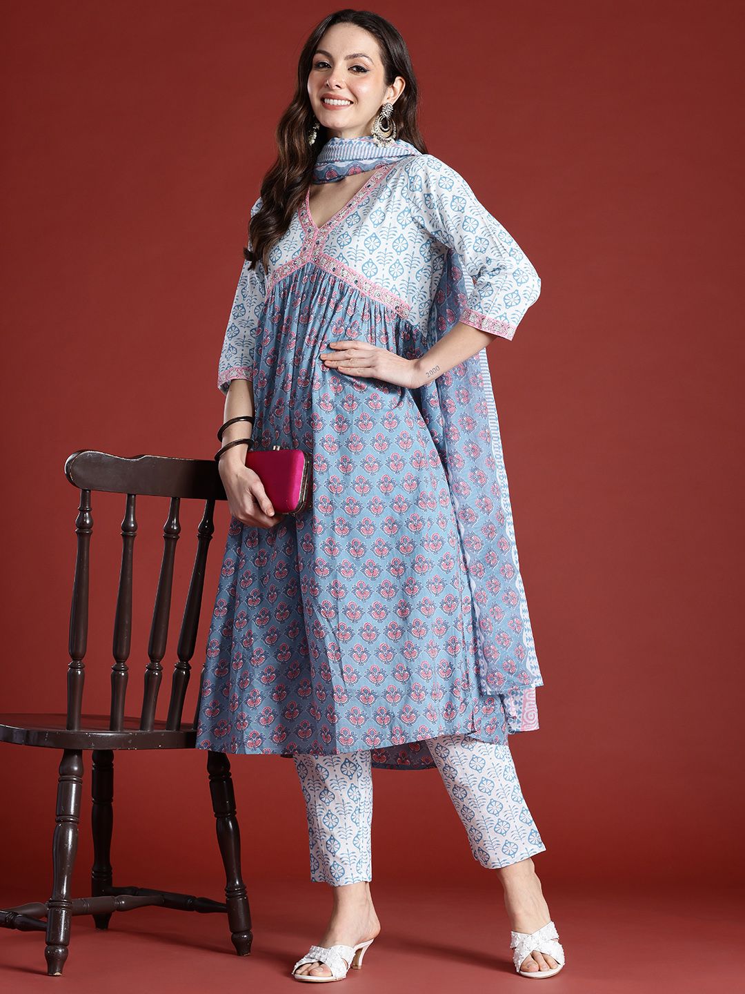 Indo Era Floral Printed Empire Beads and Stones Pure Cotton Kurta with Trousers & Dupatta