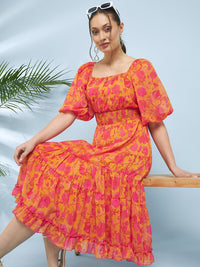 Antheaa Yellow Floral Printed Square Neck Puff Sleeve Chiffon Fit & Flare Midi Dress