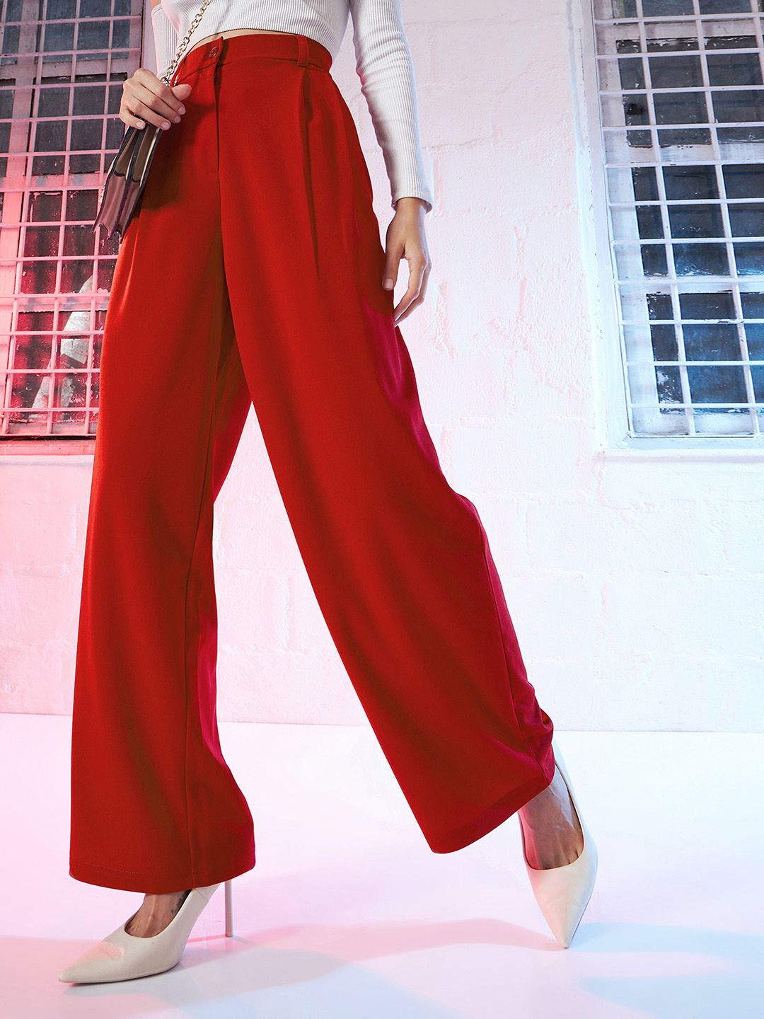 SASSAFRAS Women Red Loose Fit High-Rise Parallel Trousers