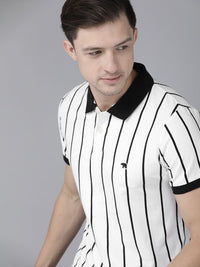 THE BEAR HOUSE Men White Black Striped Polo Collar Slim Fit Pure Cotton T-shirt