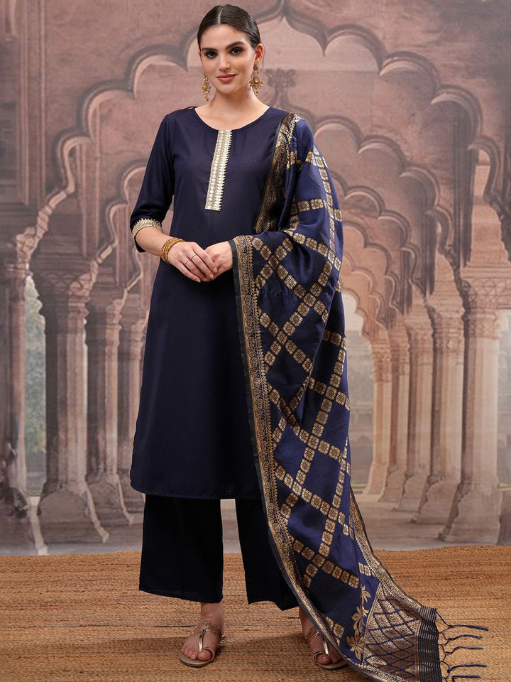 Vishudh Navy Blue Mirror Work Zari Straight Kurta with Palazzo & Dupatta