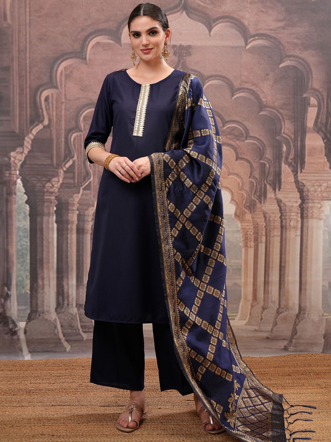 Vishudh Navy Blue Mirror Work Zari Straight Kurta with Palazzo & Dupatta