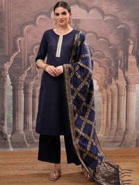 Vishudh Navy Blue Mirror Work Zari Straight Kurta with Palazzo & Dupatta