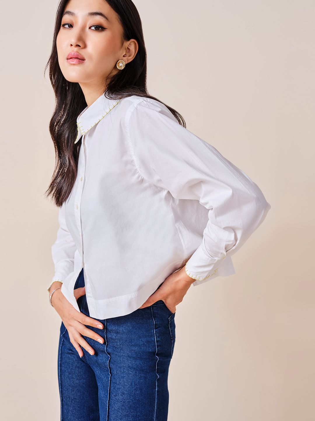 AND Solid Pure Cotton Long Sleeves Shirt Style Top