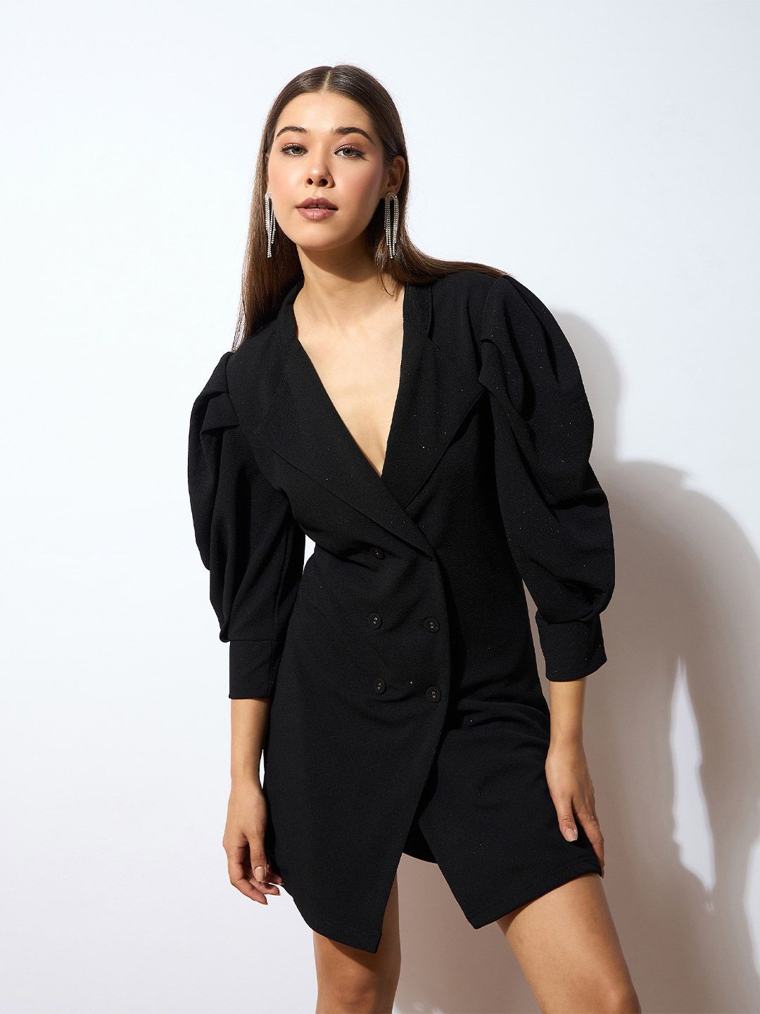 SASSAFRAS Black Self Design V-Neck Puff Sleeves Sheath Dress