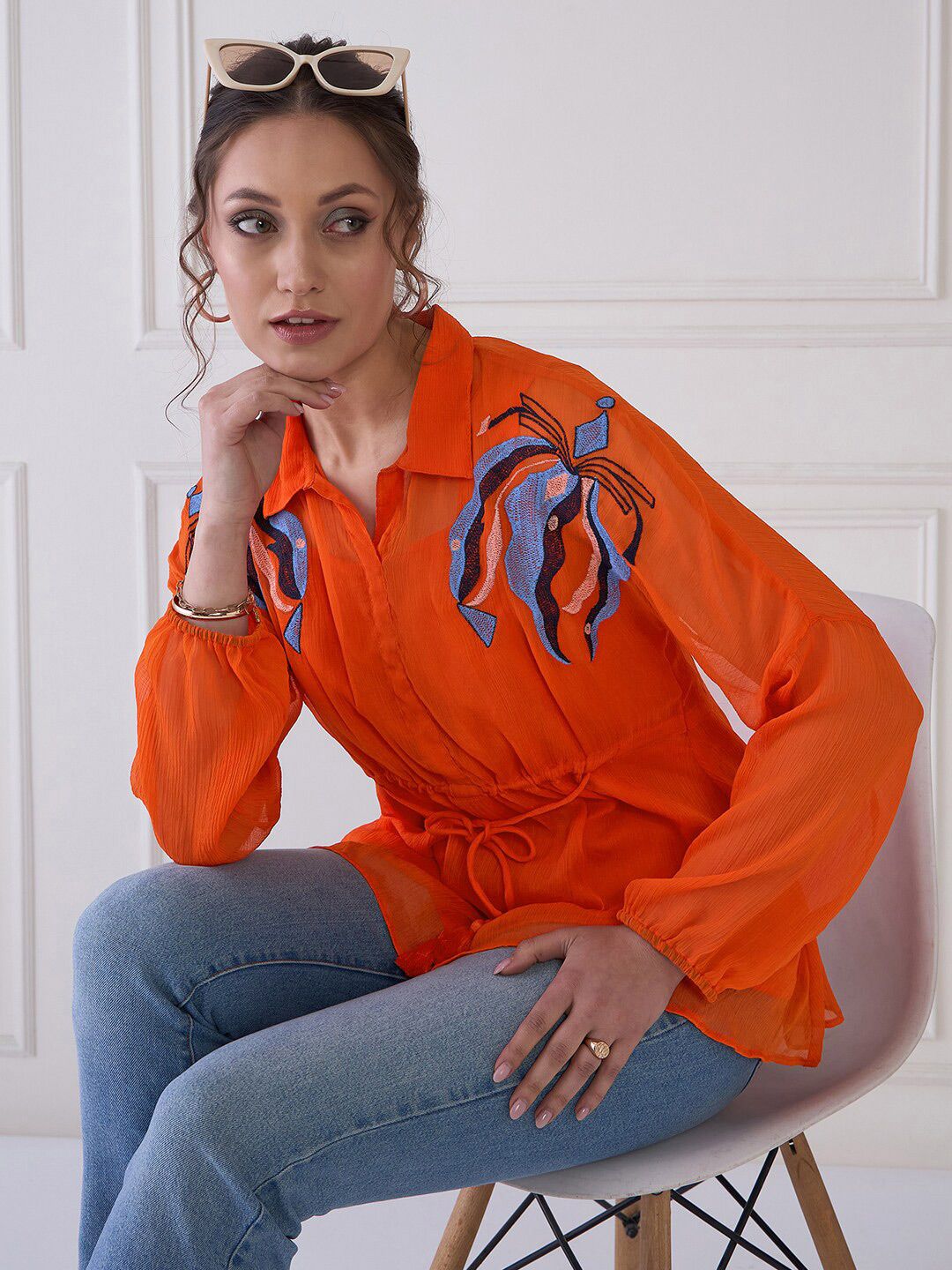 Antheaa Embroidered Floral Shirt Collar Extended Sleeves Semi Sheer Peplum Top