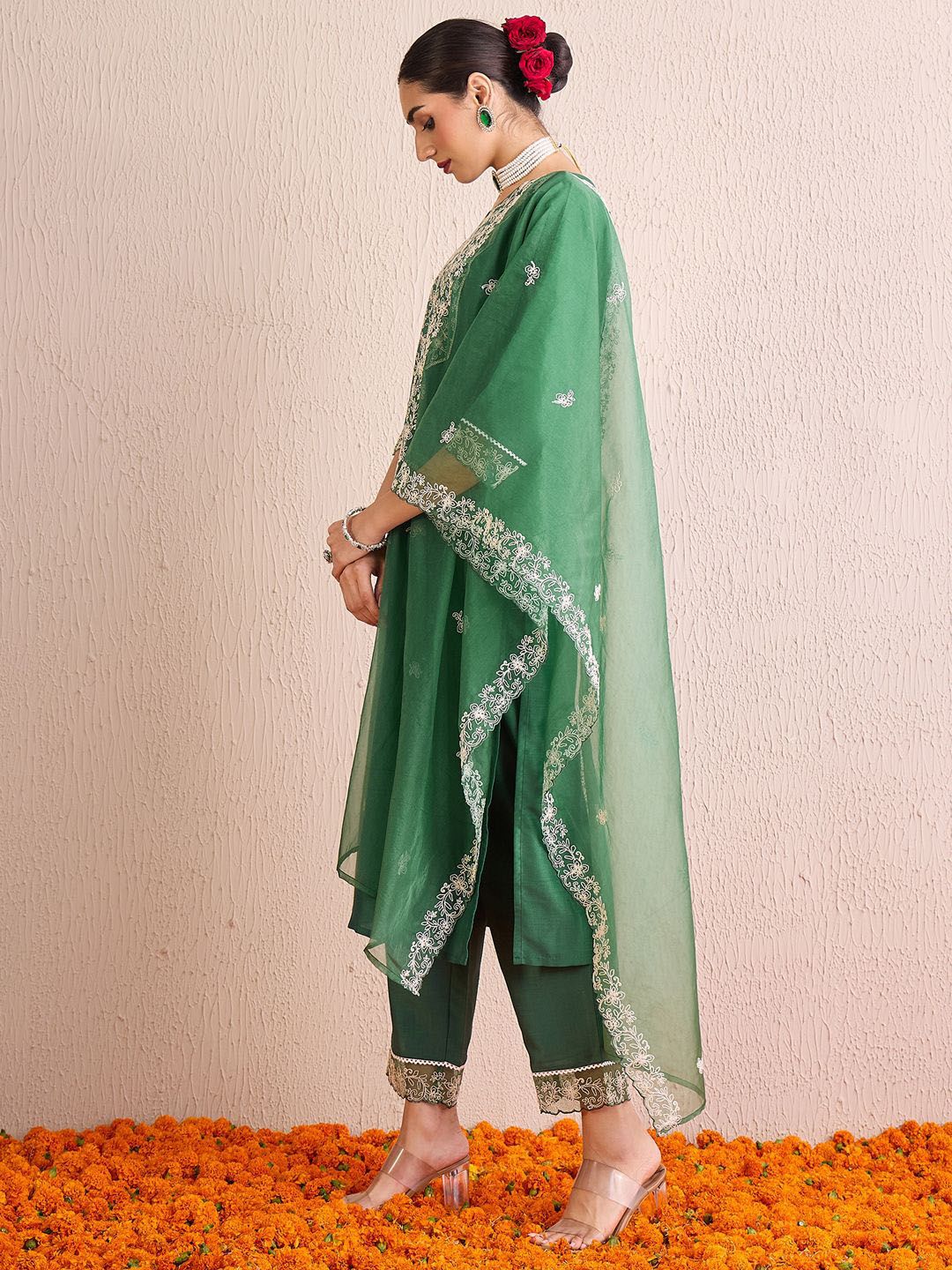 Indo Era Women Ethnic Motifs Yoke Design Regular Thread Work Kurta with Trousers & With Dupatta