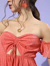 Berrylush Women Attractive Peach Self-Design Dobby Weave Dress