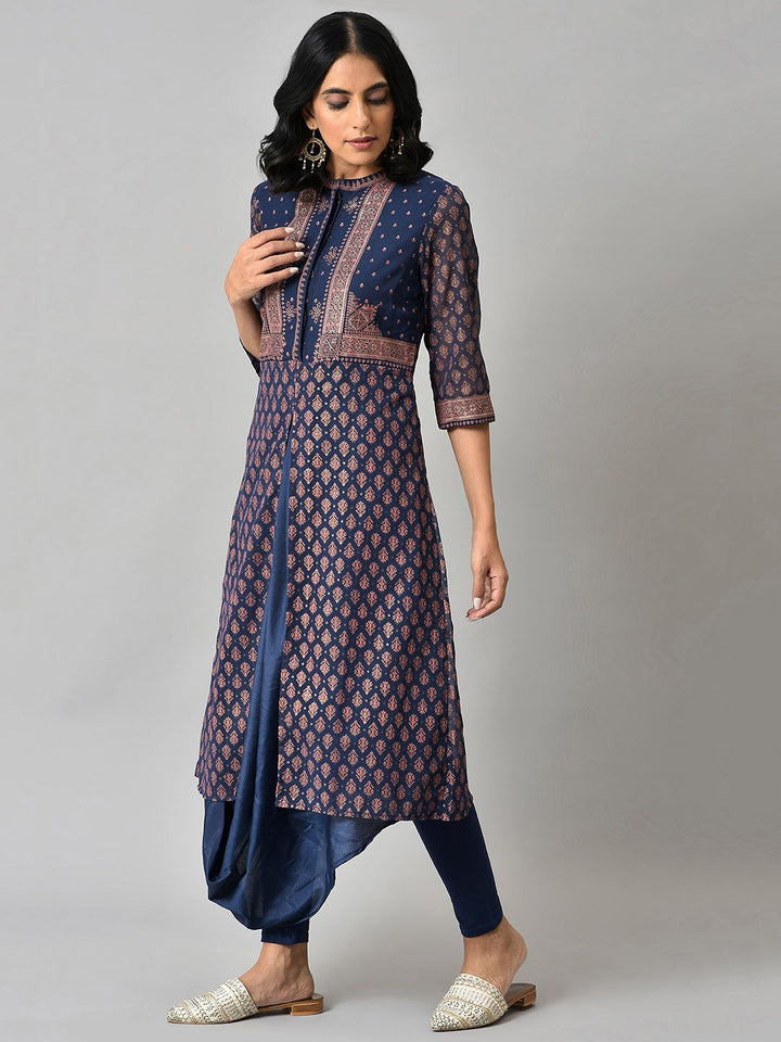W Festive Geometric Print Georgette A-Line Cowl Hemline Kurta With Tight