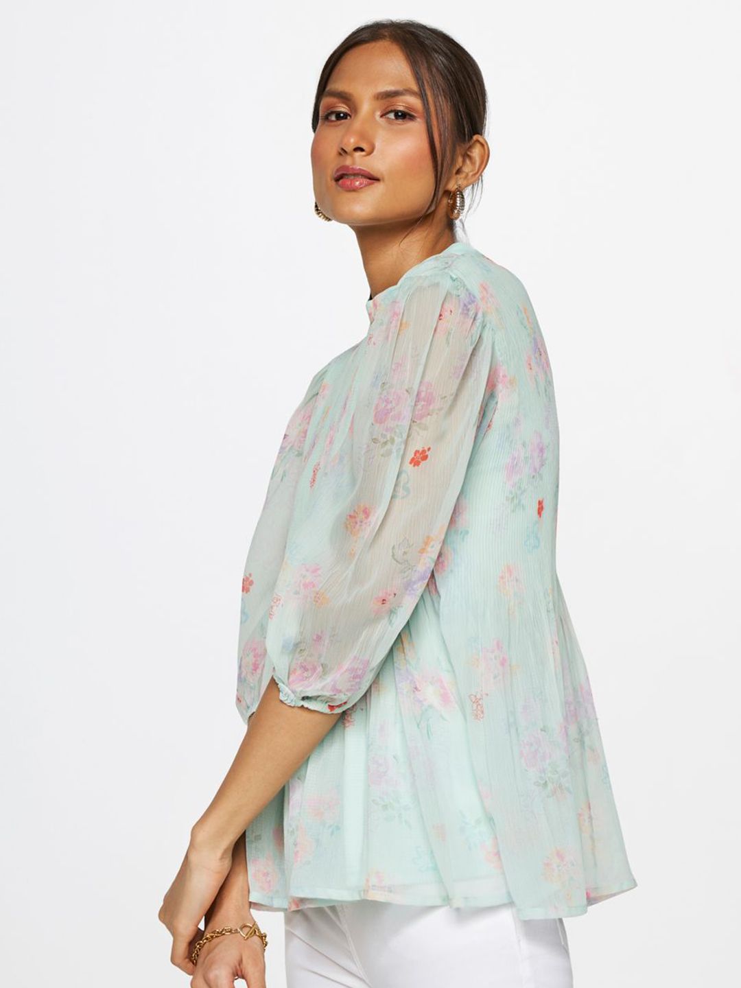 AND Floral Printed Round Neck Puff Sleeve Regular Top