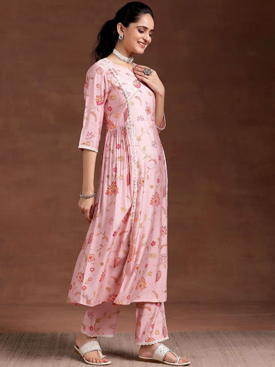 Libas Women Floral Printed Pleated Beads and Stones Kurta with Trousers