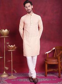 Jompers Geometric Embroidered Chikankari Band Collar Long Sleeve Collar Cotton Kurta