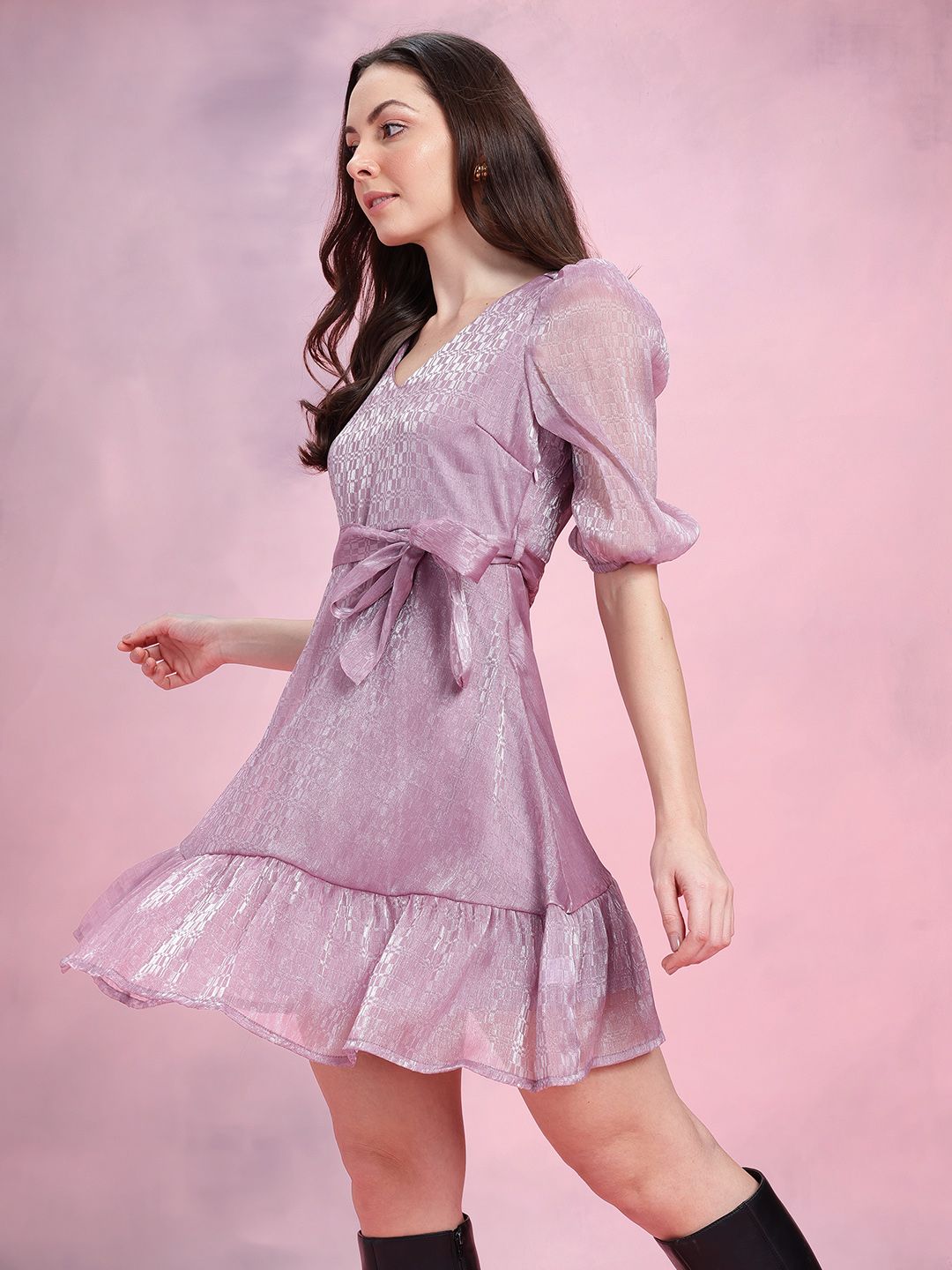 DressBerry Puff Sleeve Belted A-Line Dress