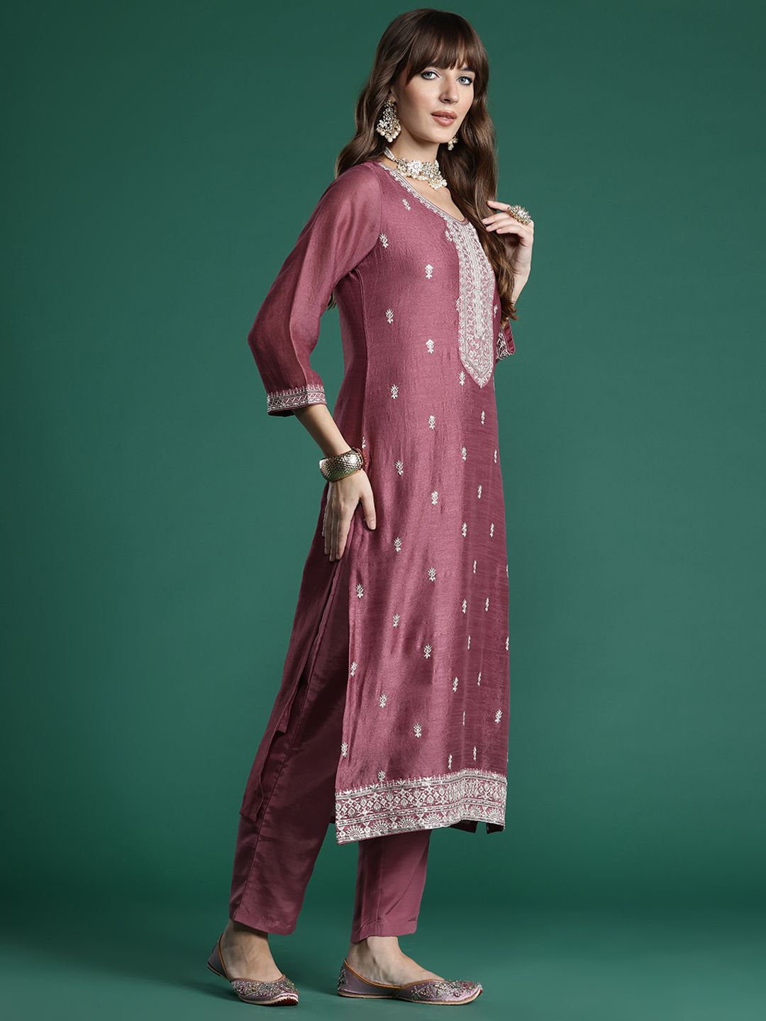 Indo Era Floral Embroidered Thread Work Kurta with Trousers & With Dupatta