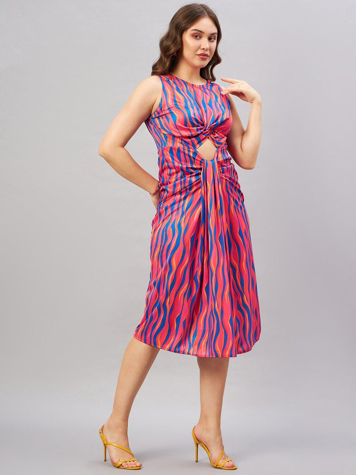 Antheaa Blue Abstract Printed Cut-Out A-Line Midi Dress