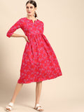 Anouk Women Pink & White Ethnic Motifs Print Pure Cotton A-Line Midi Dress
