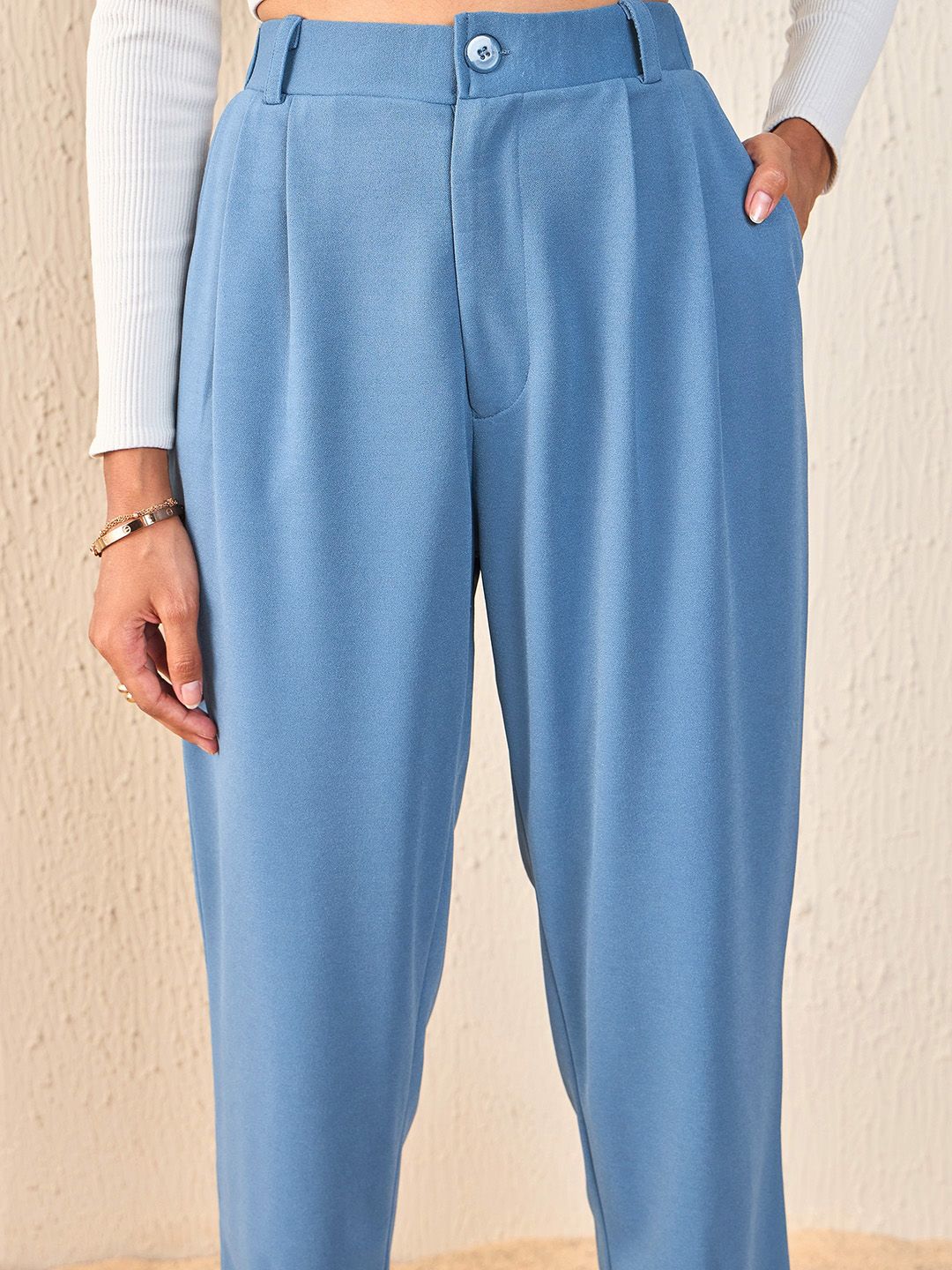 SASSAFRAS Women Blue Tapered Fit High-Rise Peg Trousers