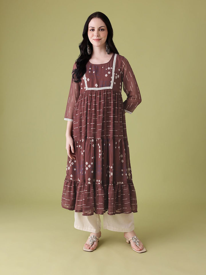 Anouk Ethnic Motifs Print Lace Insert Tiered A-Line Kurta