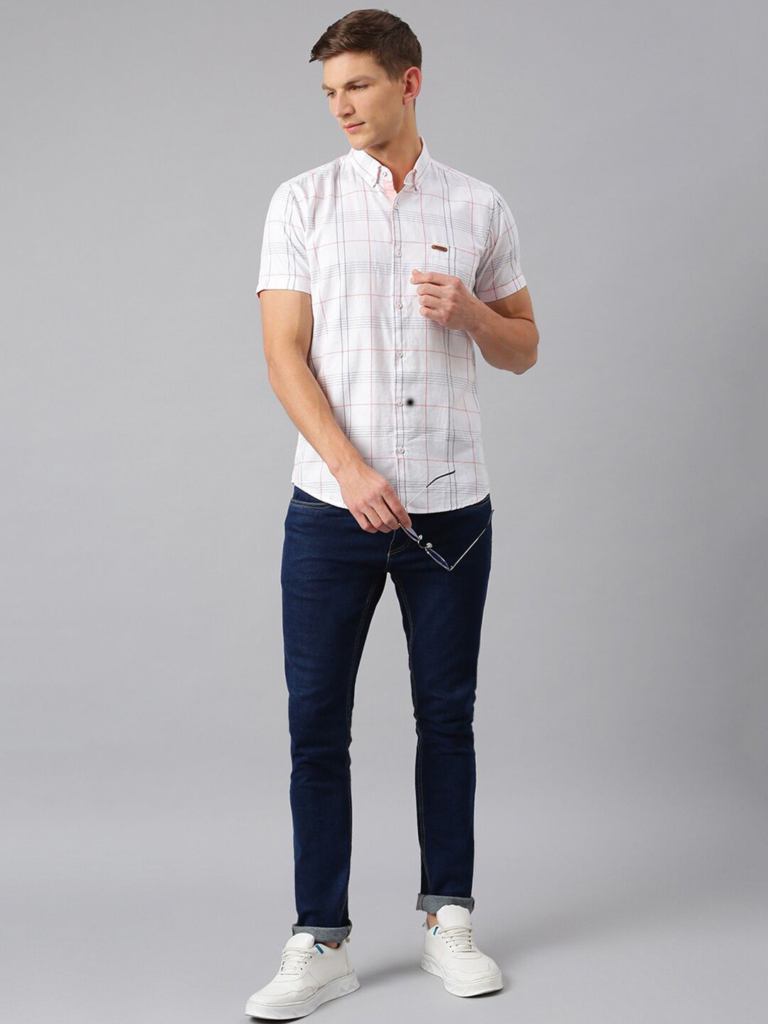 Thomas Scott Men White Slim Fit Checked Casual Shirt