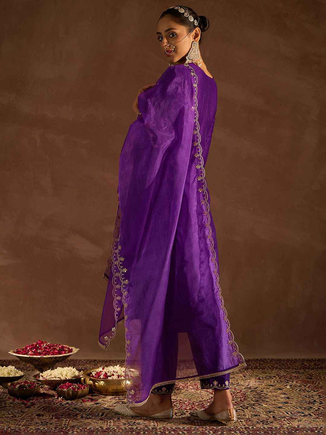 Indo Era Purple Ethnic Motifs Zari Embroidered Kurta with Trousers & With Dupatta