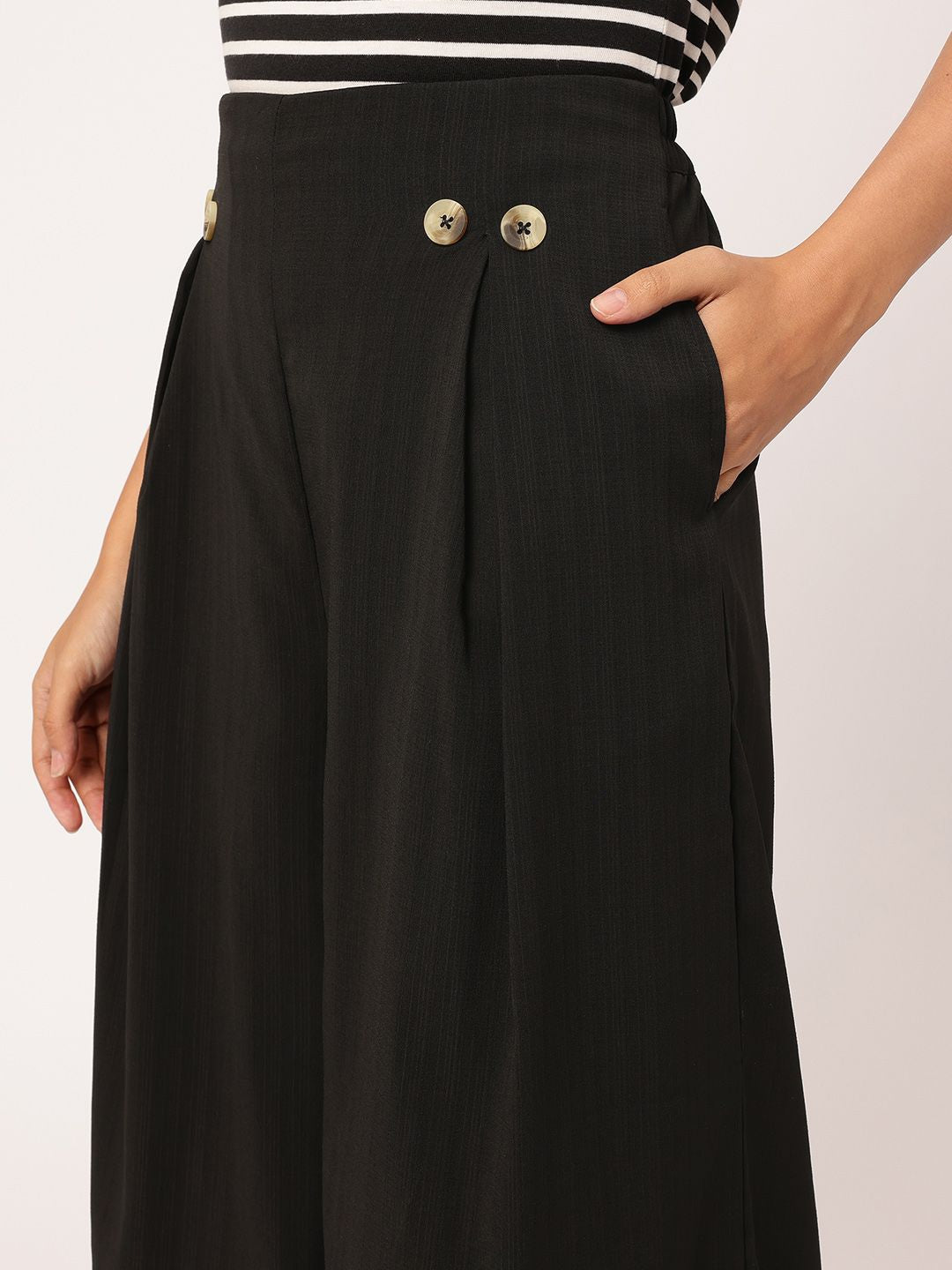 DressBerry Women Button-Detail High-Rise Pleated Flared Trousers