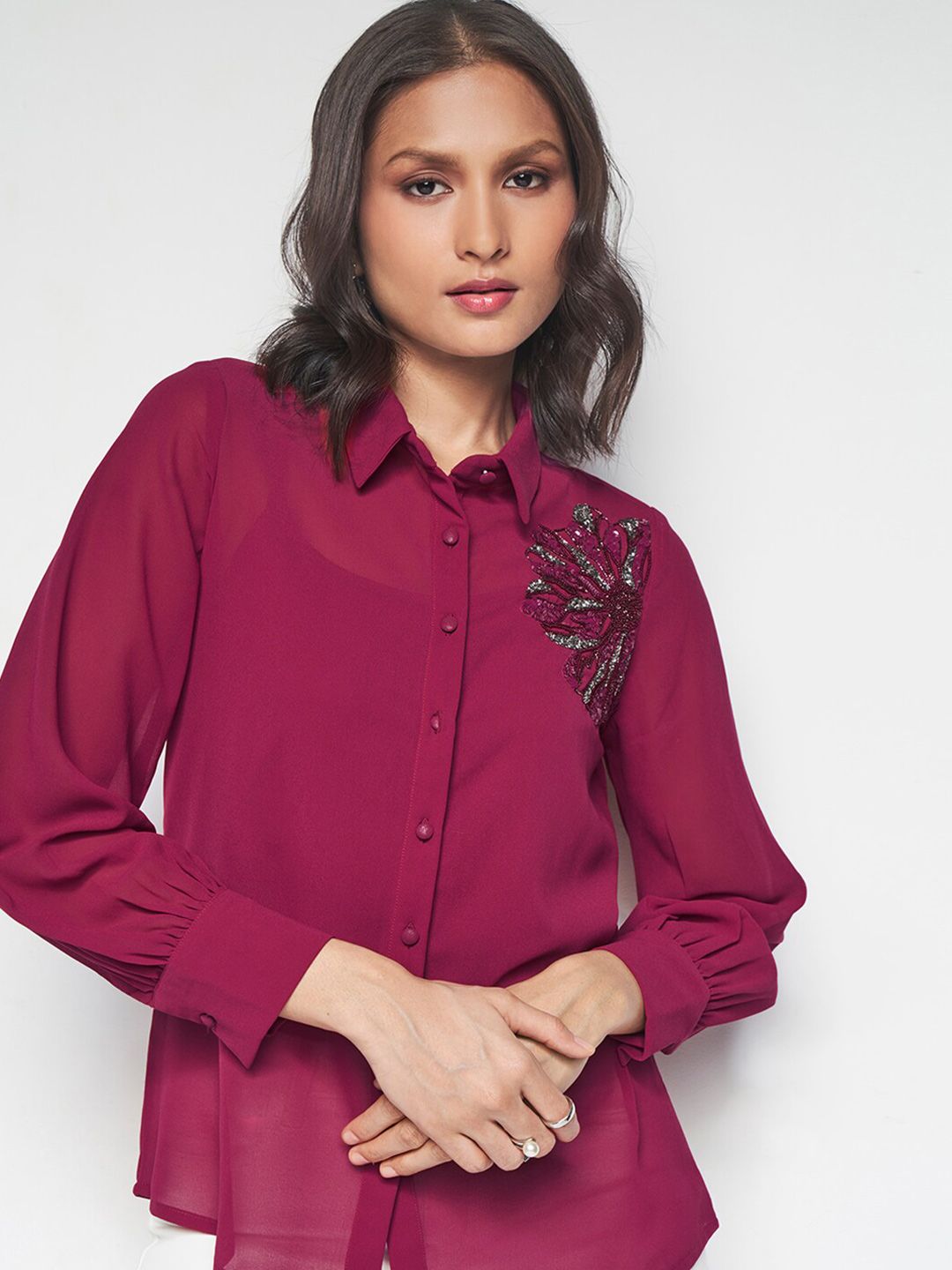 AND Spread Collar Embellished Detail Shirt Style Top